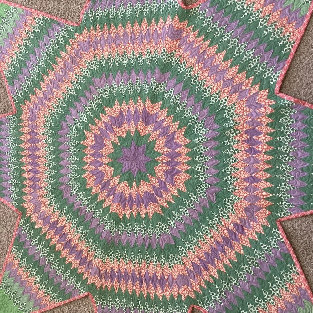Quilted Star Machine Quilted Green Purple Orange 62” Across